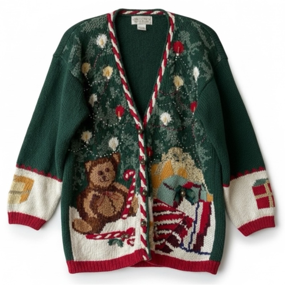 Festive Green Sweater Cardigan Casual Corner with Bear Design